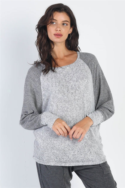 Cherish Apparel Round Neck Long Sleeve Contrast Top