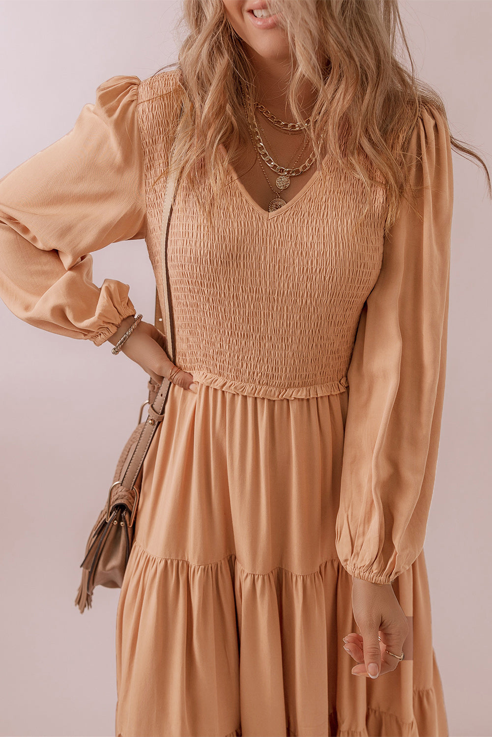 Smocked V-Neck Long Sleeve Tiered Dress