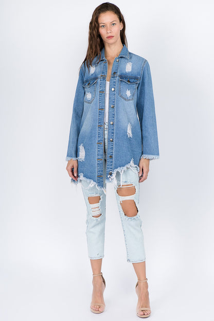 American Bazi Distressed Frayed Hem Denim Jacket