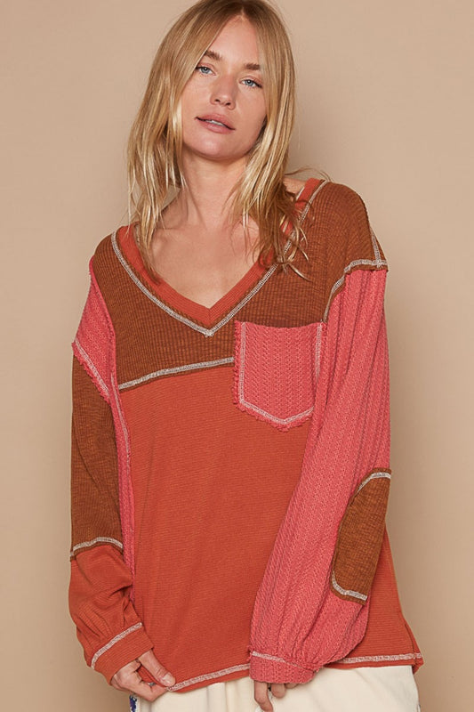 POL V-Neck Knit Panel Exposed Seam Top