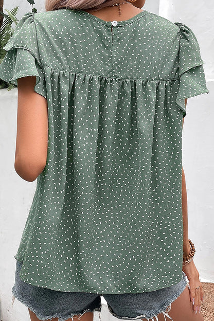 Ruffled Printed Round Neck Cap Sleeve Blouse