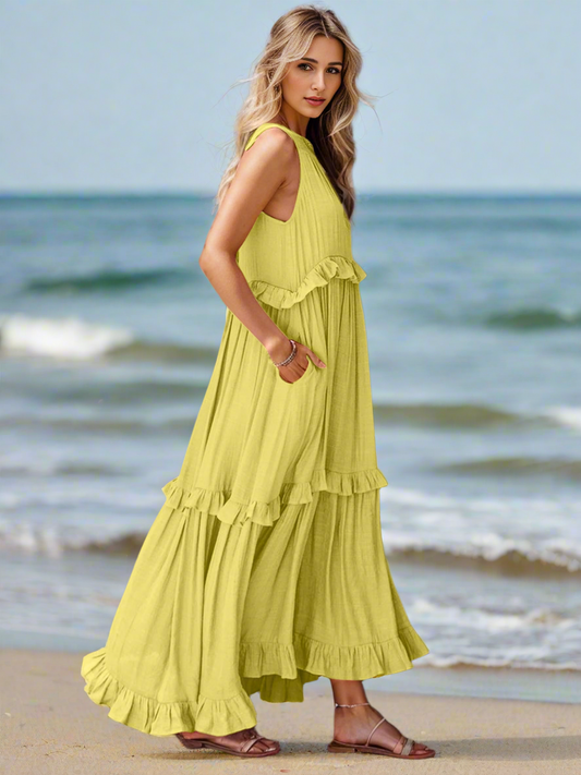 Ruffled Sleeveless Tiered Maxi Dress with Pockets