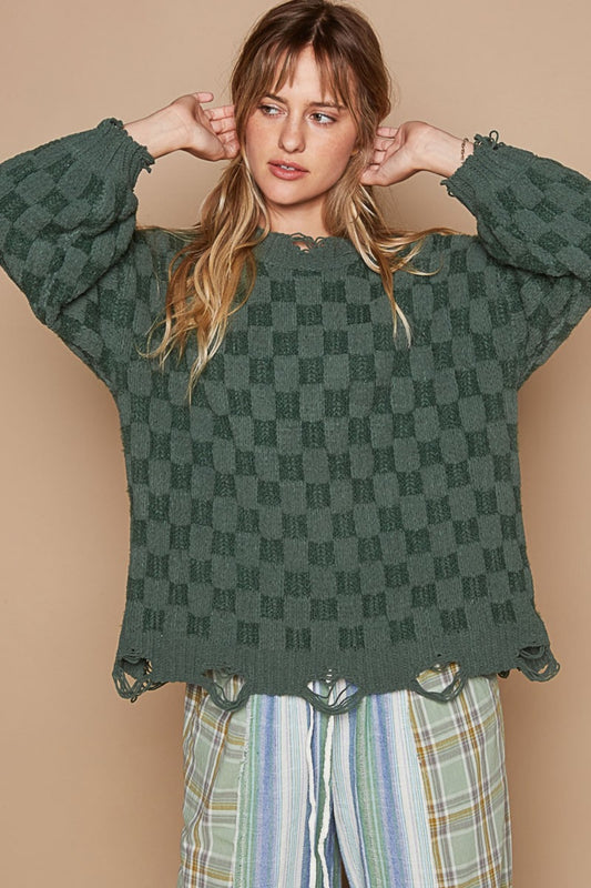 POL Checkered Distressed Edge Sweater
