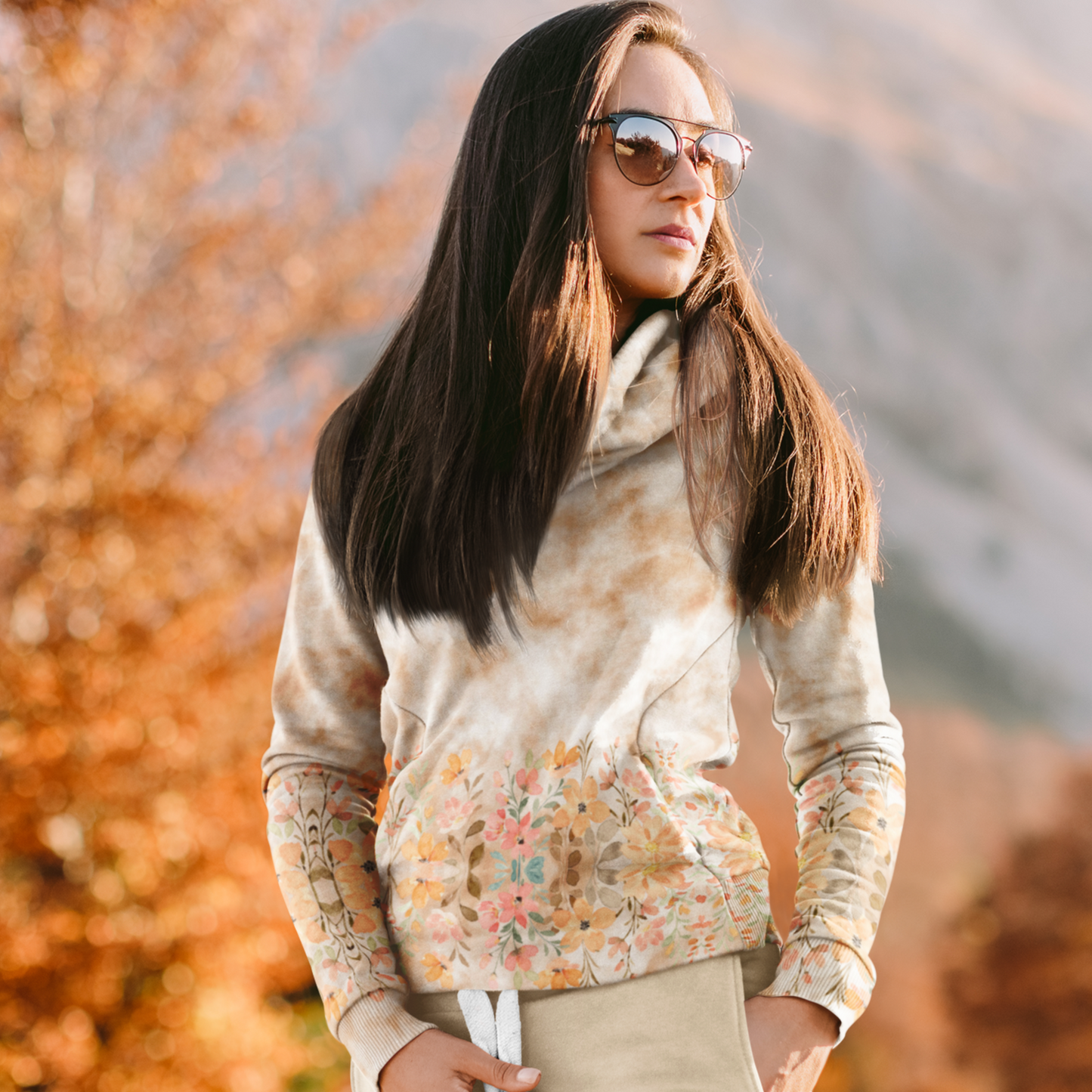 Fall Flowers in Brown Tie Dye Beach Hoodie Cozy Sweatshirt