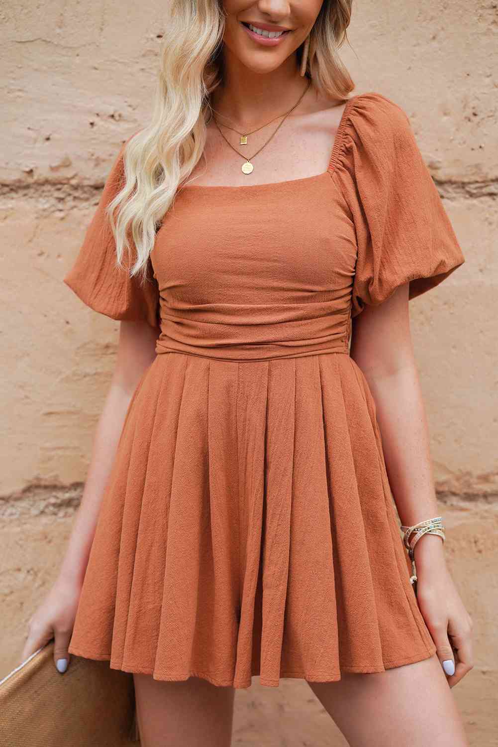 Square Neck Pleated Romper with Pockets