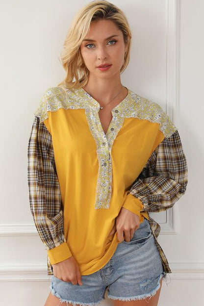 Plaid Notched Neck Slit Blouse